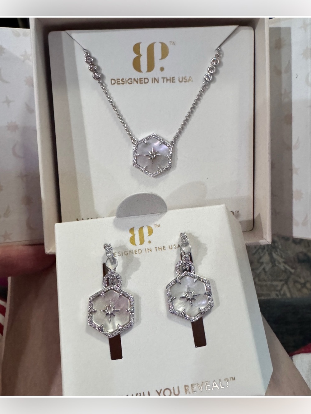 Sterling Silver White Mother-of-Pearl Hexagon Necklace & Earrings Set